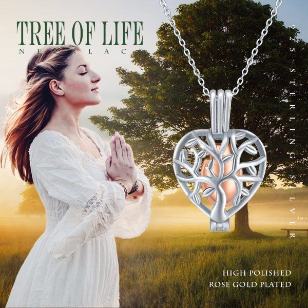 Sterling Silver Two Tone Color Hollow Tree of Life Urn Heart Locket Pendant Necklaces-2