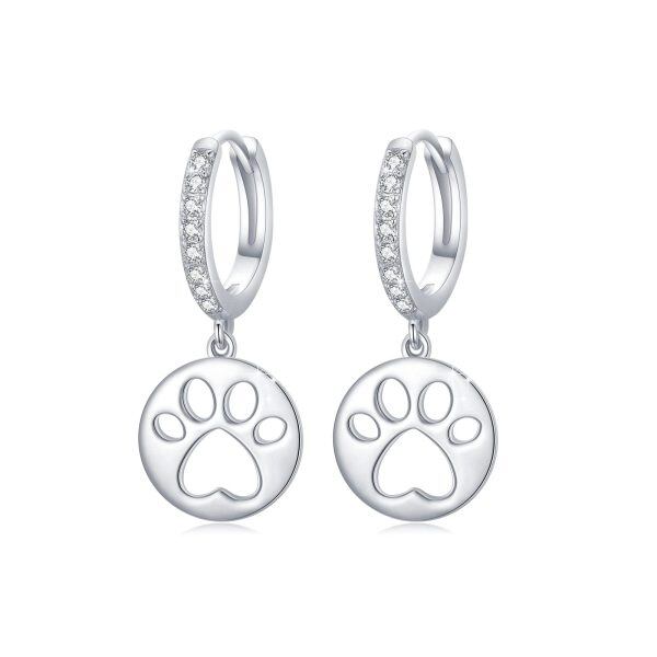 Sterling Silver Zircon Silver Plated Cat Paw Print Dangle Huggie Earrings -0