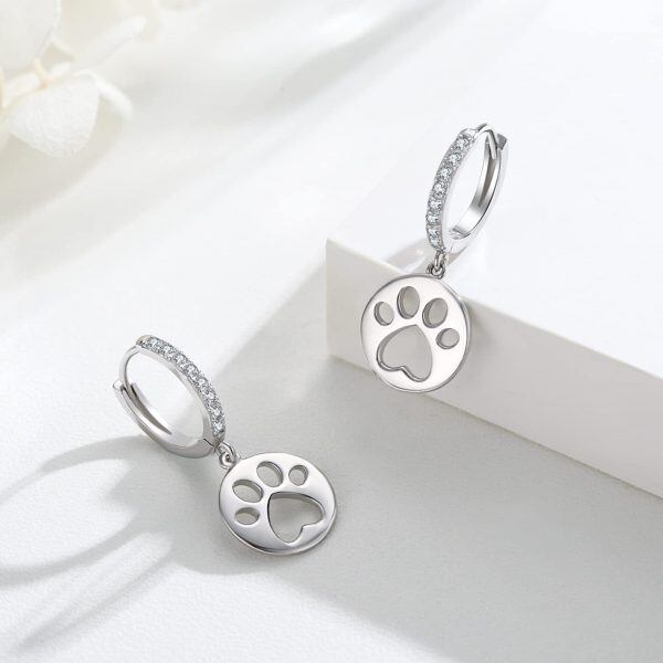 Sterling Silver Zircon Silver Plated Cat Paw Print Dangle Huggie Earrings -1