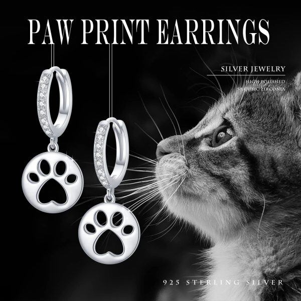 Sterling Silver Zircon Silver Plated Cat Paw Print Dangle Huggie Earrings -5