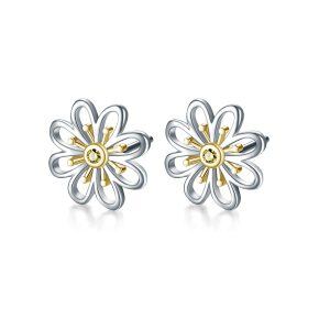 Sterling Silver Zircon Gold Plated Daisy Flower Stud Earrings -0