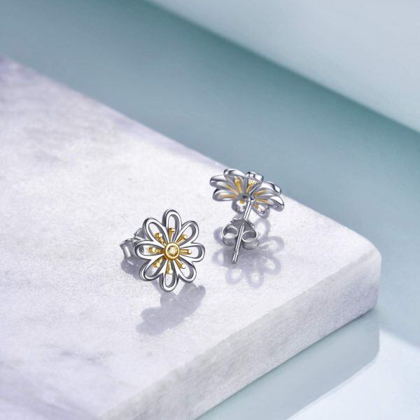 Sterling Silver Zircon Gold Plated Daisy Flower Stud Earrings -4