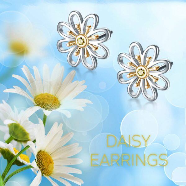 Sterling Silver Zircon Gold Plated Daisy Flower Stud Earrings -5