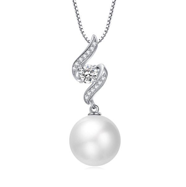 Sterling Silver Zircon Pearl Drop Silver Plated Pendent Necklace-0