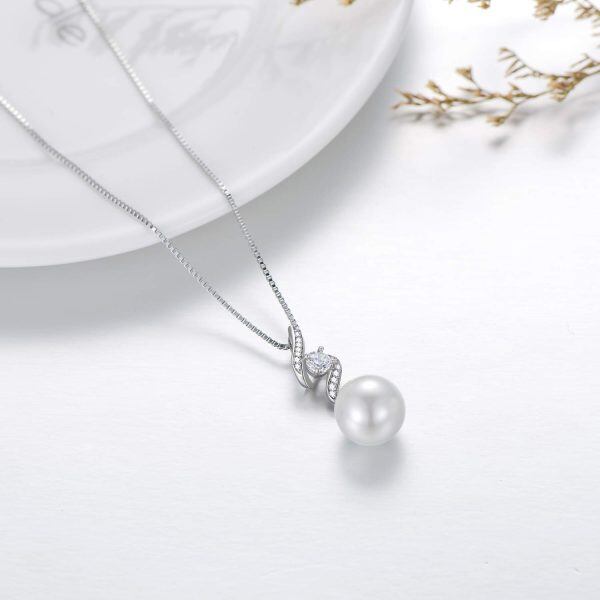 Sterling Silver Zircon Pearl Drop Silver Plated Pendent Necklace-1