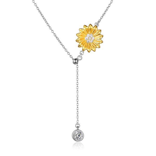 Sterling Silver Zircon Two Tone Color Sunflower Y Necklace-0