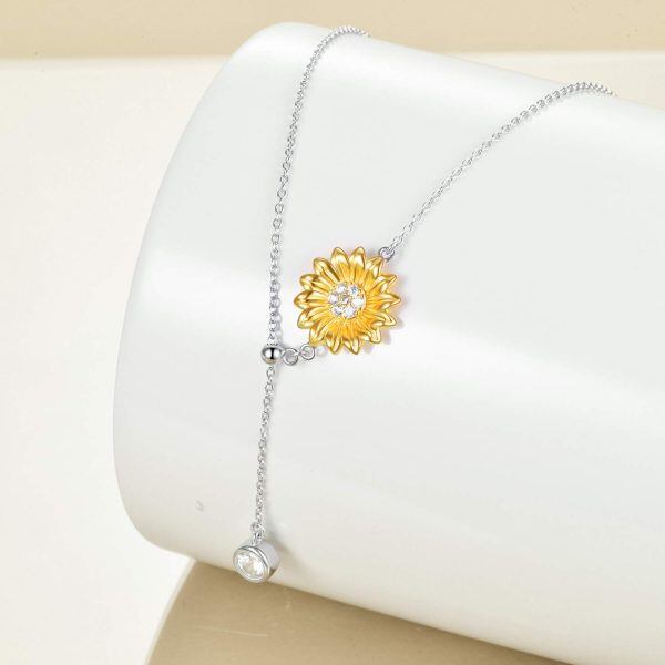 Sterling Silver Zircon Two Tone Color Sunflower Y Necklace-1