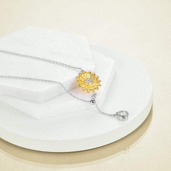 Sterling Silver Zircon Two Tone Color Sunflower Y Necklace-2