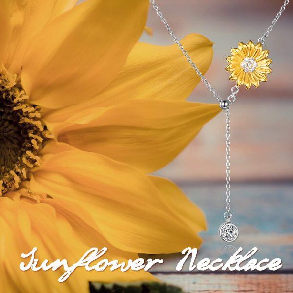 Sterling Silver Zircon Two Tone Color Sunflower Y Necklace-4