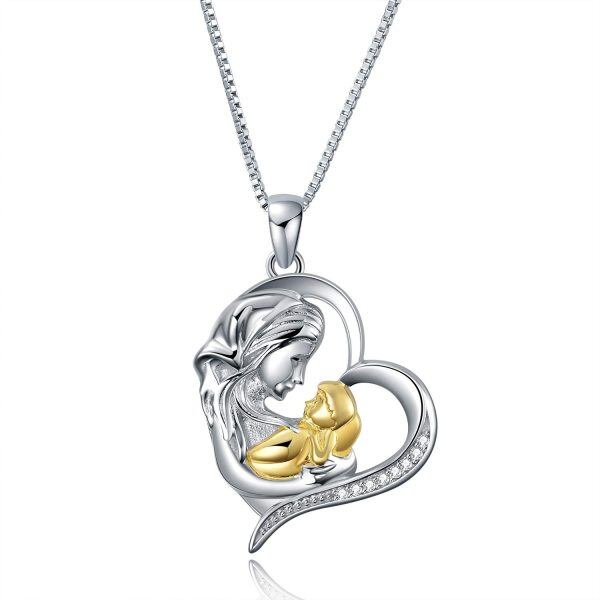 Sterling Silver Zircon Two Tone Color Mother and Child Heart Necklace-0