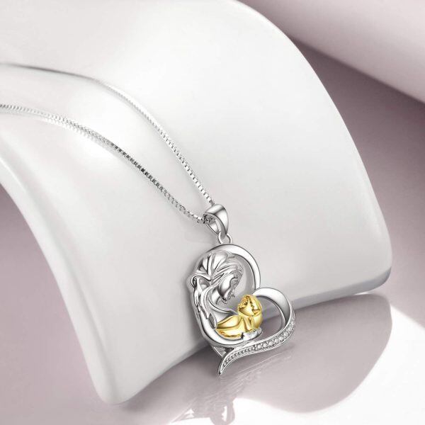 Sterling Silver Zircon Two Tone Color Mother and Child Heart Necklace-2