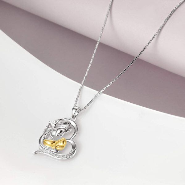 Sterling Silver Zircon Two Tone Color Mother and Child Heart Necklace-3