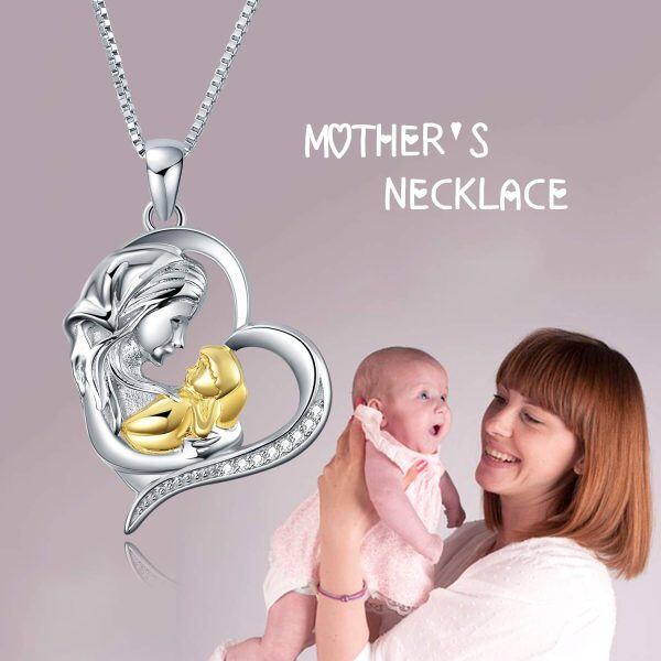 Sterling Silver Zircon Two Tone Color Mother and Child Heart Necklace-5