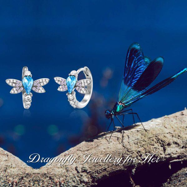 Sterling Silver Zircon Silver Plated Dragonfly Hoop Earrings-5