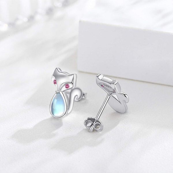 Sterling Silver Moonstone Rhodium Plated Fox Earrings-3