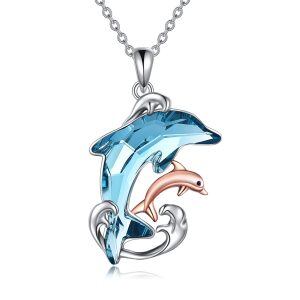 Sterling Silver Crystal Rhodium And Rose Gold Plated Dolphin Necklace-0