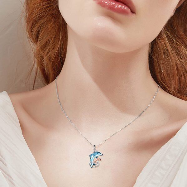 Sterling Silver Crystal Rhodium And Rose Gold Plated Dolphin Necklace-1