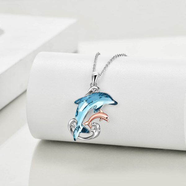 Sterling Silver Crystal Rhodium And Rose Gold Plated Dolphin Necklace-3