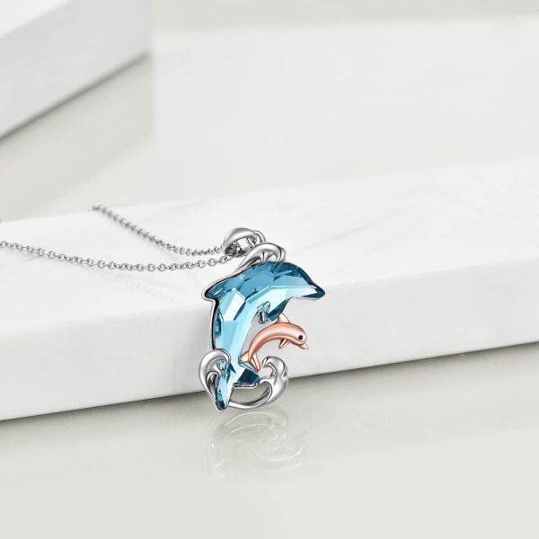 Sterling Silver Crystal Rhodium And Rose Gold Plated Dolphin Necklace-4