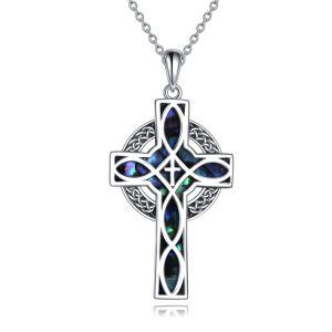 Sterling Silver Abalone Shell Rhodium Plated Celtic Cross Necklace-0