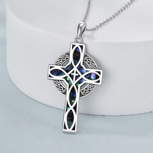 Sterling Silver Abalone Shell Rhodium Plated Celtic Cross Necklace-1