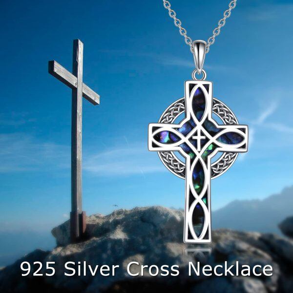 Sterling Silver Abalone Shell Rhodium Plated Celtic Cross Necklace-5