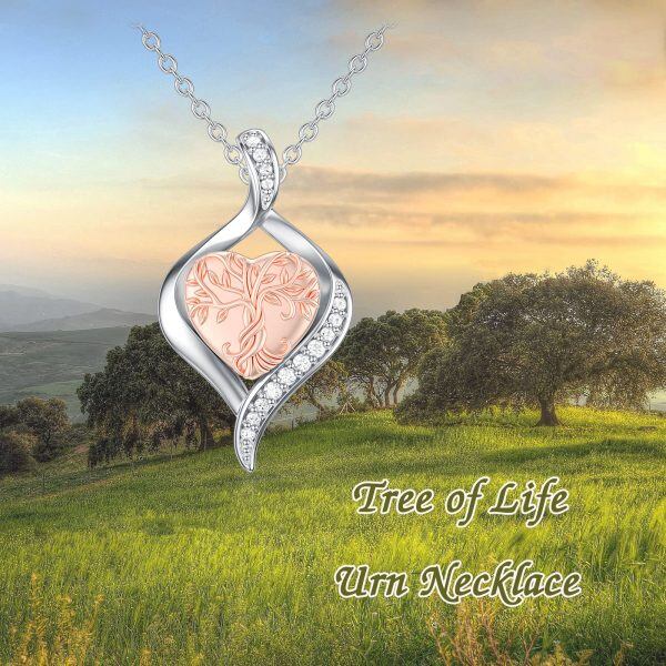 Sterling Silver Zircon Rhodium And Rose Gold Plated Tree Of Life Urn Necklace-1