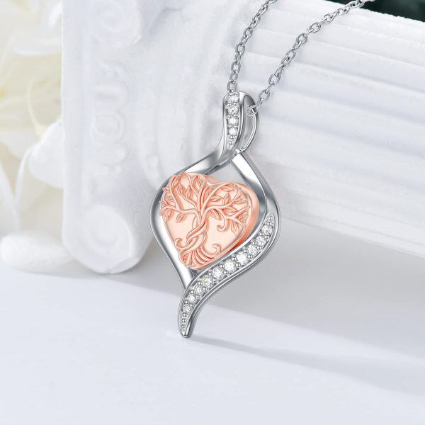 Sterling Silver Zircon Rhodium And Rose Gold Plated Tree Of Life Urn Necklace-4