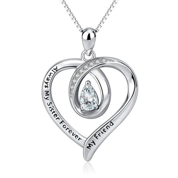 Sterling Silver Zircon Silver Plated Always My Sister Forever My Friend Love Heart Pendant Necklace-0