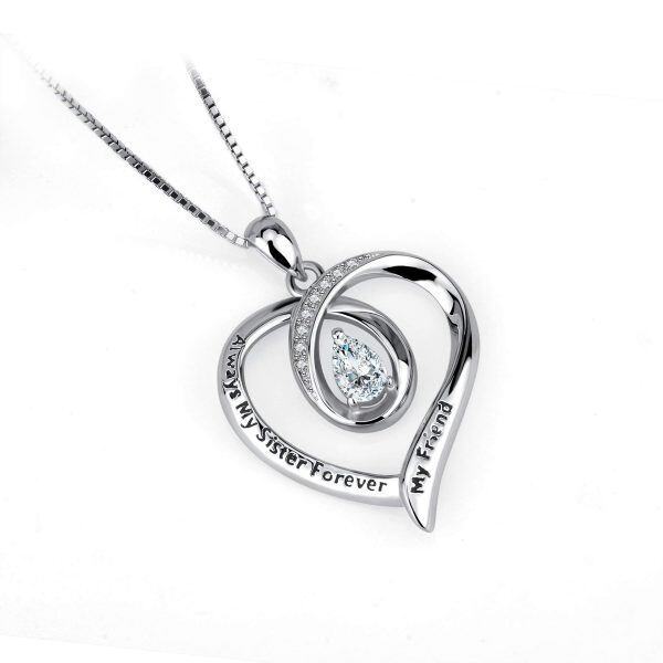 Sterling Silver Zircon Silver Plated Always My Sister Forever My Friend Love Heart Pendant Necklace-2