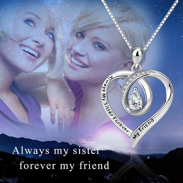 Sterling Silver Zircon Silver Plated Always My Sister Forever My Friend Love Heart Pendant Necklace-3