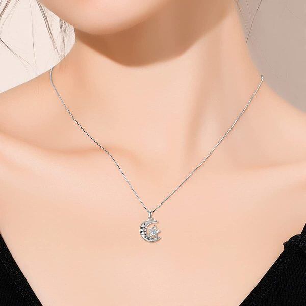 Sterling Silver Zircon Silver Plated Moon and Star Urn Pendant Necklace-2