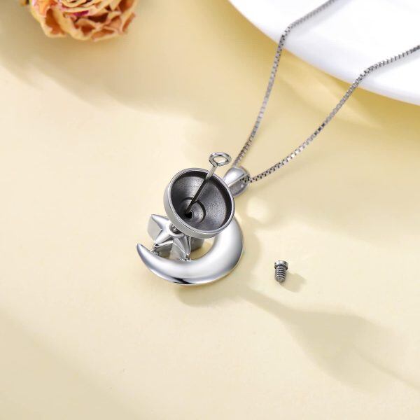 Sterling Silver Zircon Silver Plated Moon and Star Urn Pendant Necklace-6