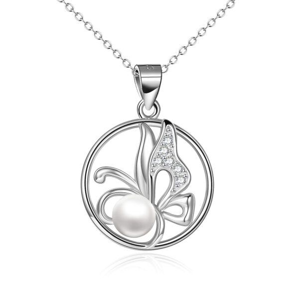 Sterling Silver Zircon and Pearl Silver Plated Butterfly Pendant Necklace-0