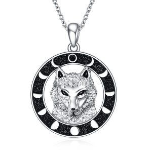 Sterling Silver Black Rhodium Plated Moon Phase Wolf Pendent Necklace -0