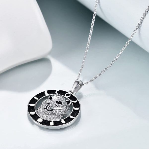 Sterling Silver Black Rhodium Plated Moon Phase Wolf Pendent Necklace -1