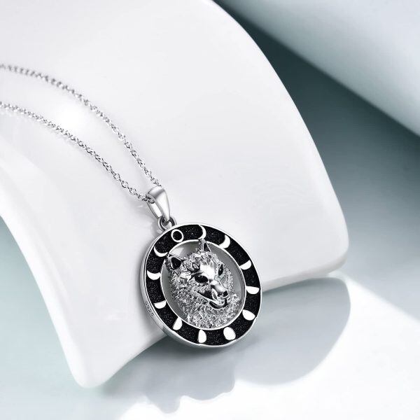 Sterling Silver Black Rhodium Plated Moon Phase Wolf Pendent Necklace -2