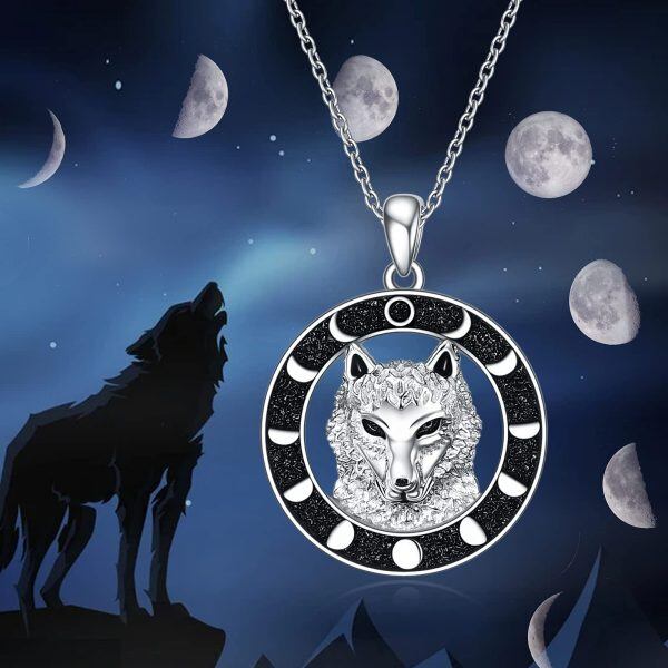 Sterling Silver Black Rhodium Plated Moon Phase Wolf Pendent Necklace -4