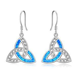 Sterling Silver Blue Opal Silver Plated Triangle Knot Dangle Drop Earrings-0