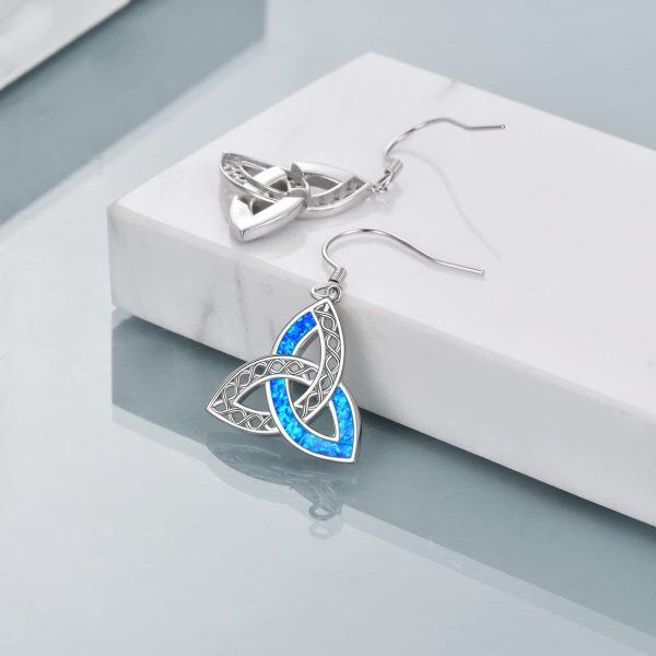 Sterling Silver Blue Opal Silver Plated Triangle Knot Dangle Drop Earrings-4