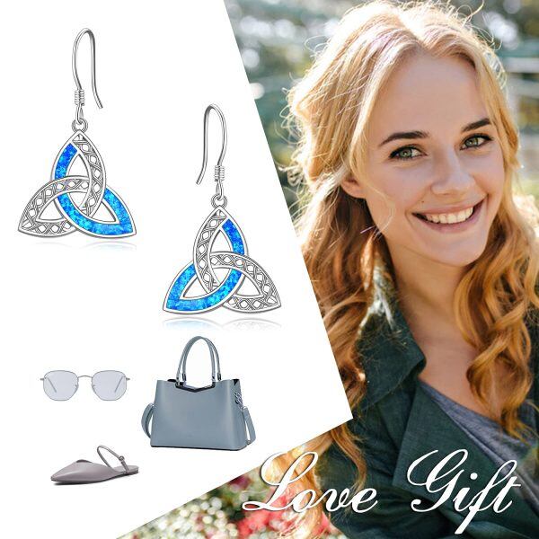 Sterling Silver Blue Opal Silver Plated Triangle Knot Dangle Drop Earrings-5