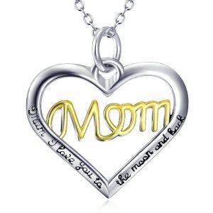 Sterling Silver Two Tone Color Mothers Love Heart Pendant Necklace-0