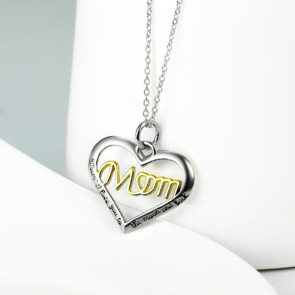 Sterling Silver Two Tone Color Mothers Love Heart Pendant Necklace-3