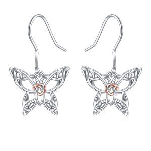 Sterling Silver Two Tone Color Celtic Butterfly Dangle and Drop Earrings-0