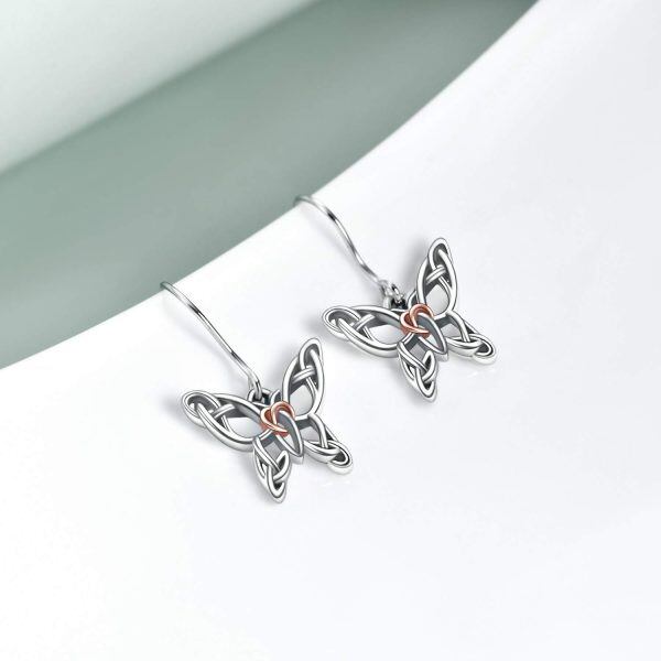 Sterling Silver Two Tone Color Celtic Butterfly Dangle and Drop Earrings-1