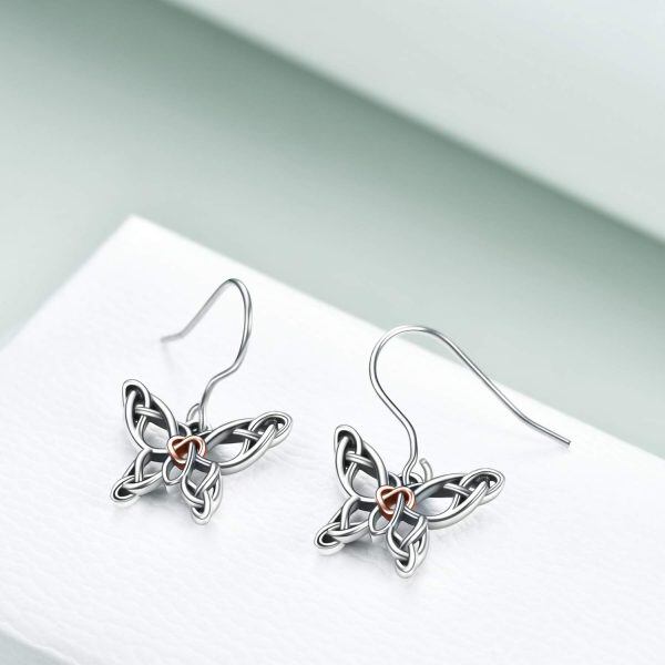 Sterling Silver Two Tone Color Celtic Butterfly Dangle and Drop Earrings-3