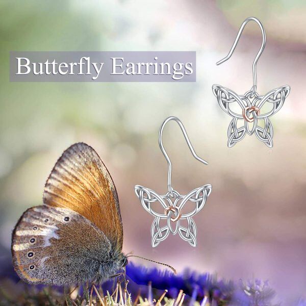 Sterling Silver Two Tone Color Celtic Butterfly Dangle and Drop Earrings-4