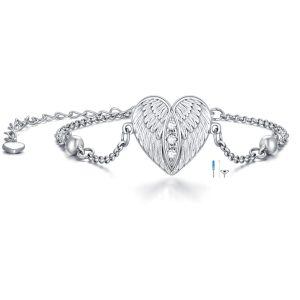 Sterling Silver Zircon Silver Plated Angel Heart Wing Urn Bracelet -0