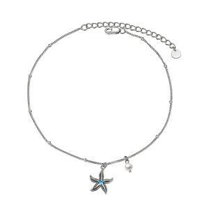 Sterling Silver Pearl and Zircon Silver Plated Boho Style Starfish Adjustable Chain Anklets-0