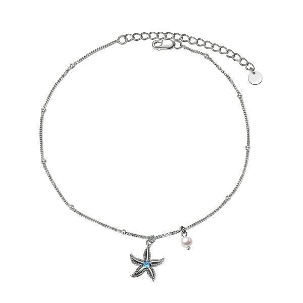 Sterling Silver Pearl and Zircon Silver Plated Boho Style Starfish Adjustable Chain Anklets-0